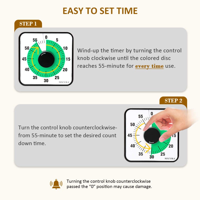 Secura 60-Minute Visual Countdown Timer, 7.5-Inch Oversize Classroom Visual Timer for Kids and Adults, Durable Mechanical Kitchen Timer Clock with Magnetic Backing (Green) - Image 2