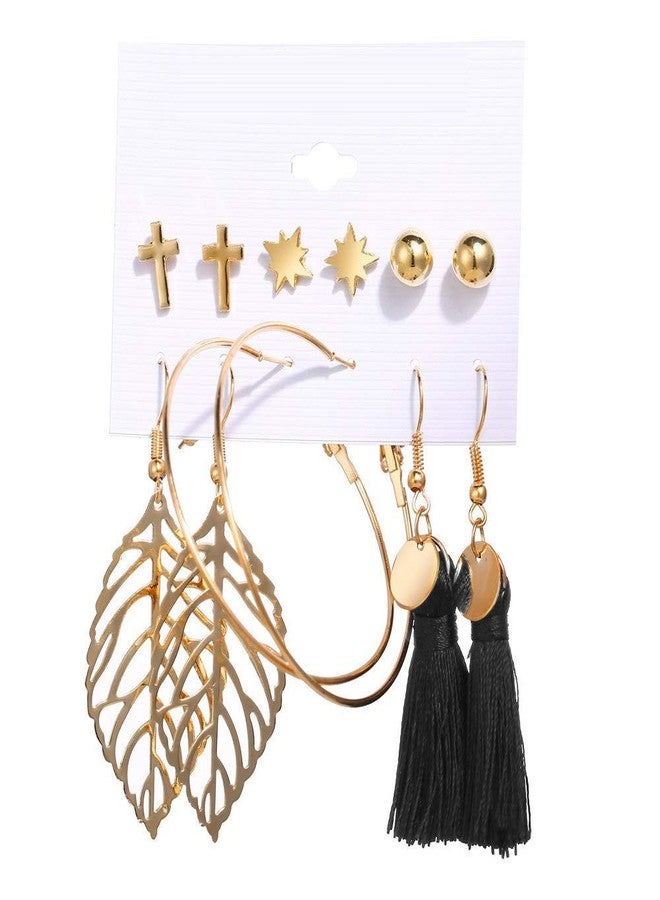 STAR WORK - Pairs Bohemian Tassel Earrings Set Vintage National Style Leather Heart Shape Earrings Acrylic Stud Hoop Drop Dangle Earrings for Women Girls (T-3) - Image 1