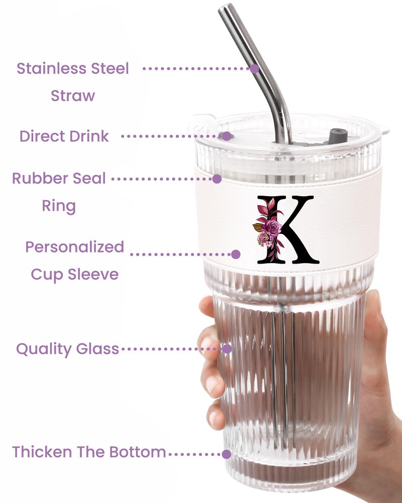 MNZZ Initial Glass Cup with Lid Straw Ribbed Ice Tea Clear Tumbler Her Sister Coffee Matcha Latte Girlfriend Gf Aunt Best Friend Friendship Bestie Wife Cute Asthetic Unique Birthday Personalized Gift K - Image 5