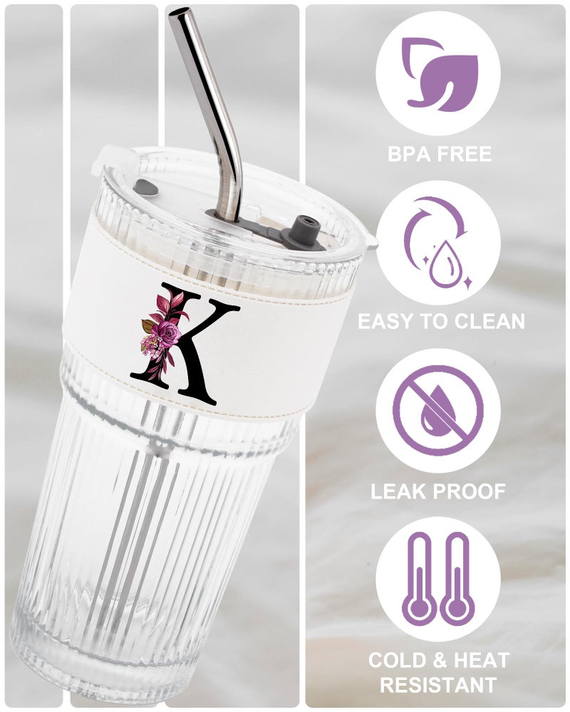 MNZZ Initial Glass Cup with Lid Straw Ribbed Ice Tea Clear Tumbler Her Sister Coffee Matcha Latte Girlfriend Gf Aunt Best Friend Friendship Bestie Wife Cute Asthetic Unique Birthday Personalized Gift K - Image 4