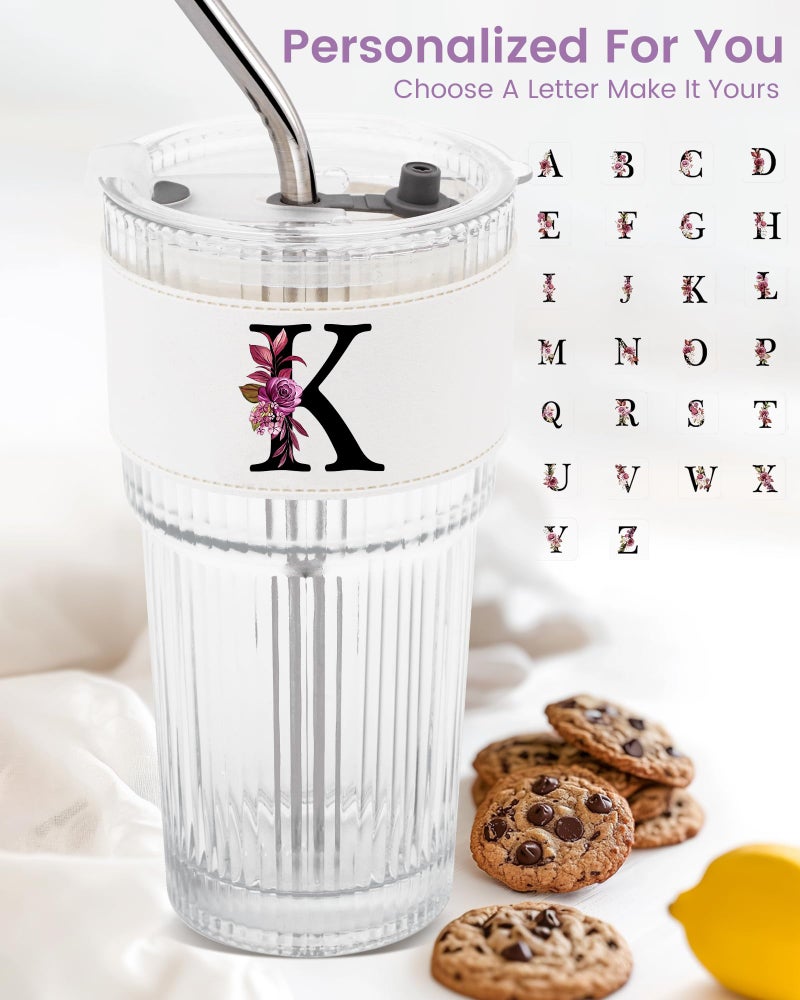 MNZZ Initial Glass Cup with Lid Straw Ribbed Ice Tea Clear Tumbler Her Sister Coffee Matcha Latte Girlfriend Gf Aunt Best Friend Friendship Bestie Wife Cute Asthetic Unique Birthday Personalized Gift K - Image 2