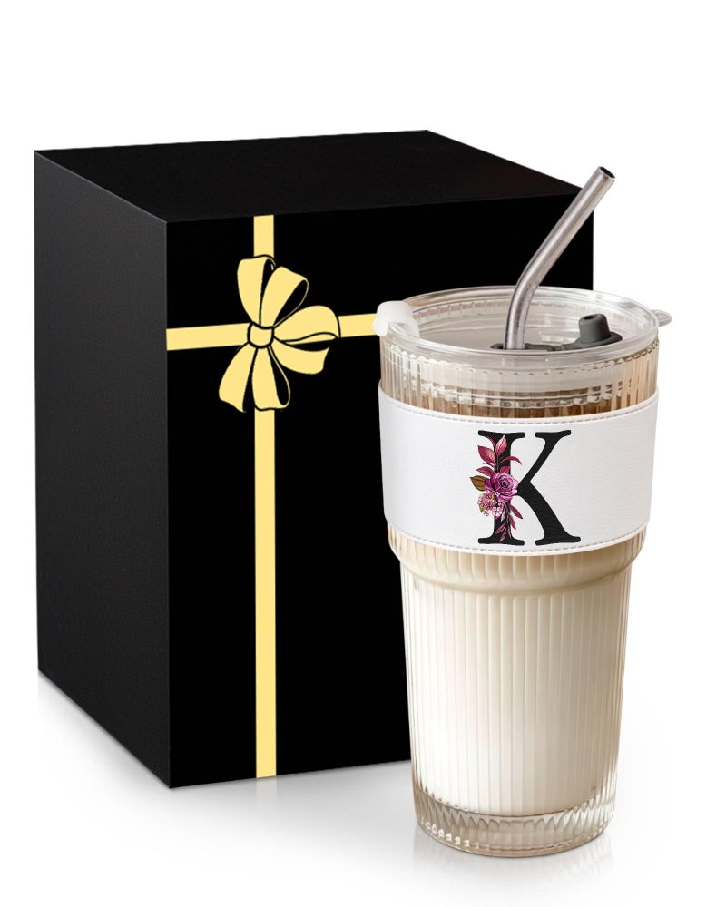 MNZZ Initial Glass Cup with Lid Straw Ribbed Ice Tea Clear Tumbler Her Sister Coffee Matcha Latte Girlfriend Gf Aunt Best Friend Friendship Bestie Wife Cute Asthetic Unique Birthday Personalized Gift K - Image 1