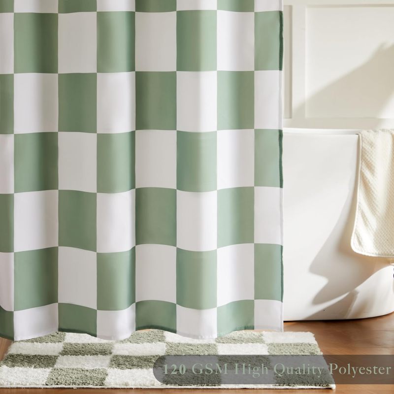 Vintage Checker Bathroom Curtain Light Green Cute Checkerboard 180x180cm - Image 4