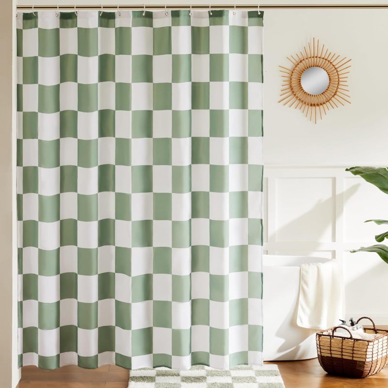 Vintage Checker Bathroom Curtain Light Green Cute Checkerboard 180x180cm - Image 1