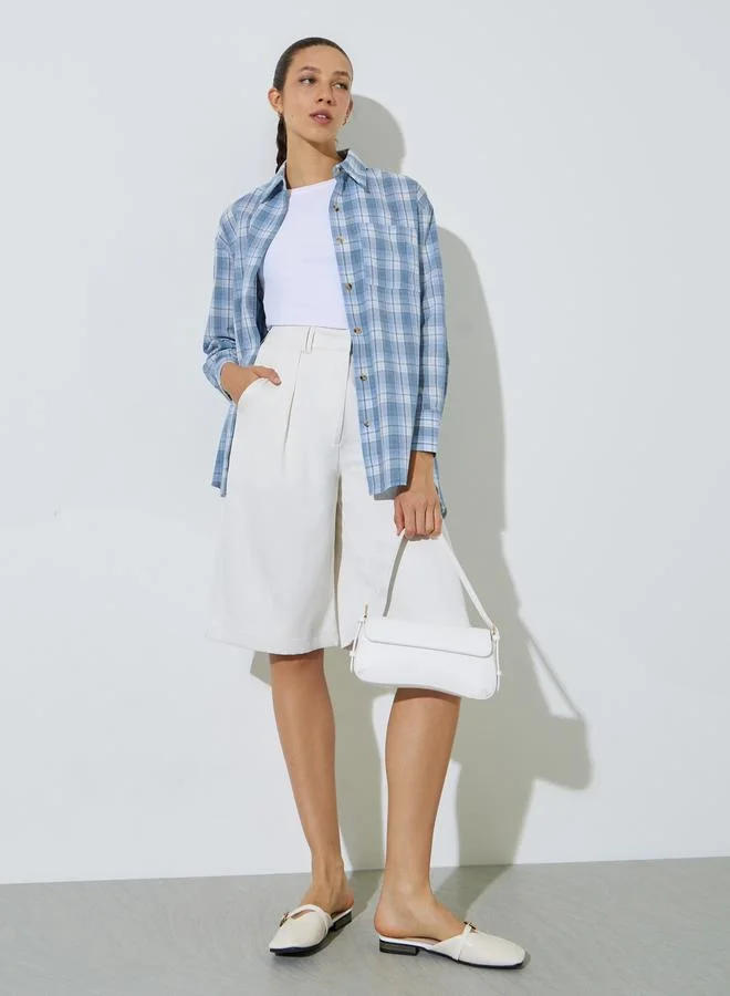 ستايلي Light Blue Longline Plaid Oversized Shirt