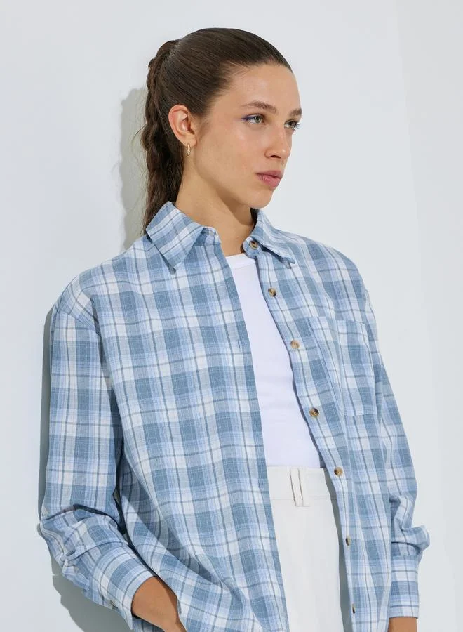 ستايلي Light Blue Longline Plaid Oversized Shirt