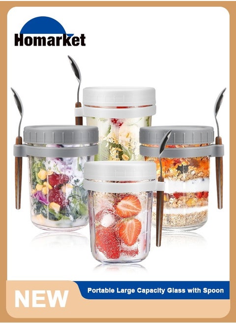 4 Pack Overnight Oats Containers with Lids and Spoons, 350ML Glass Jars for Oatmeal Container , Large Capacity Airtight Jars Leak-Proof Meal Prep Jars for Milk, Cereal, Fruit