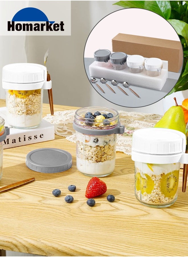 4 Pack Overnight Oats Containers with Lids and Spoons, 350ML Glass Jars for Oatmeal Container , Large Capacity Airtight Jars Leak-Proof Meal Prep Jars for Milk, Cereal, Fruit