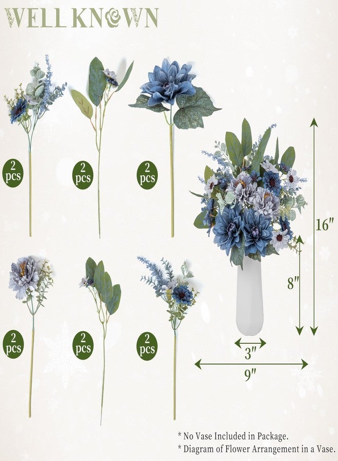 WELL KNOWN Artificial Flowers Bouquet, Blue Fake Flowers for Vase, Silk Faux Flowers DIY Table Centerpieces for Wedding, Dining Room, Kitchen, Office, Farmhouse, Mother's Day Decor & Gift (Grey Blue) - Image 2