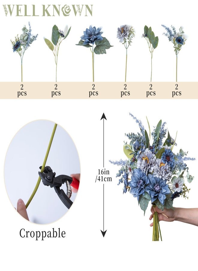 WELL KNOWN Artificial Flowers Bouquet, Blue Fake Flowers for Vase, Silk Faux Flowers DIY Table Centerpieces for Wedding, Dining Room, Kitchen, Office, Farmhouse, Mother's Day Decor & Gift (Grey Blue) - Image 3