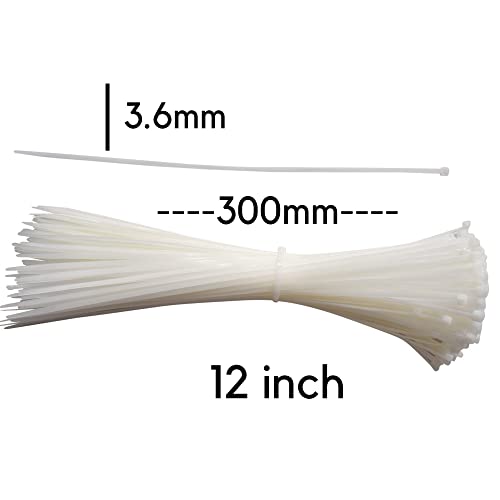 OVG Nylon Self Locking Cable Ties, White (300 mm × 3.6mm, 12 Inch, Pack of 200 Pcs) Heavy Duty Strong Zip Ties Teeth Grip Fastener Organizer Tie - Image 3