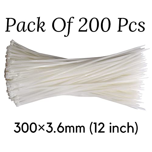 OVG Nylon Self Locking Cable Ties, White (300 mm × 3.6mm, 12 Inch, Pack of 200 Pcs) Heavy Duty Strong Zip Ties Teeth Grip Fastener Organizer Tie - Image 2