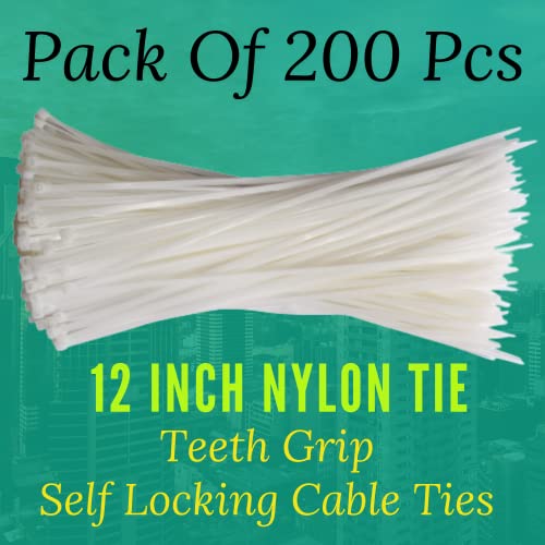 OVG Nylon Self Locking Cable Ties, White (300 mm × 3.6mm, 12 Inch, Pack of 200 Pcs) Heavy Duty Strong Zip Ties Teeth Grip Fastener Organizer Tie - Image 5