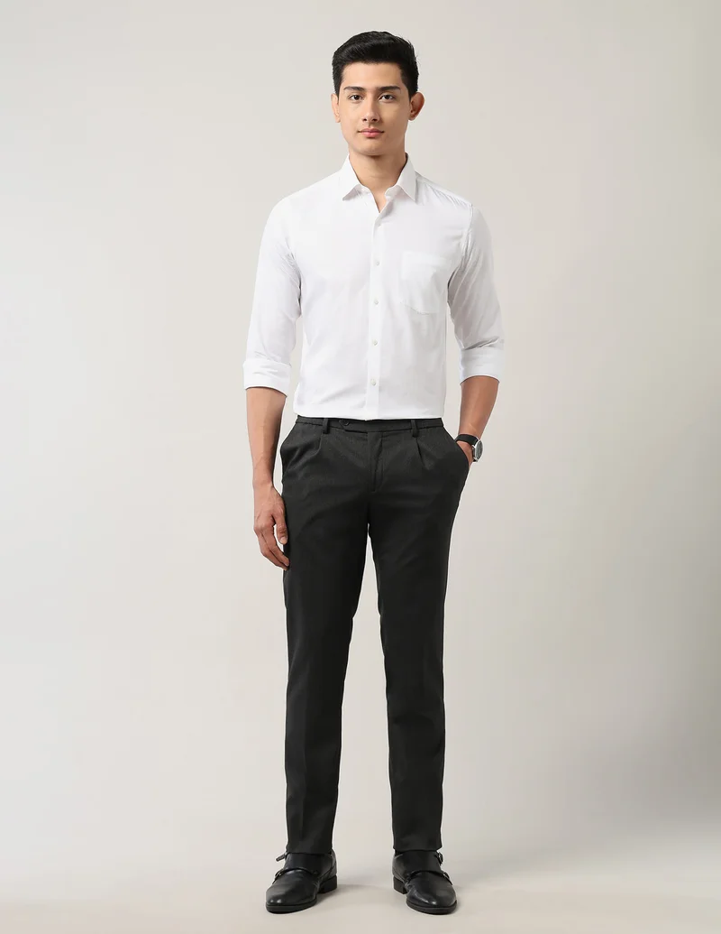 Arrow Charcoal Melange Textured Mid Rise Trousers for Men | Best Price UAE
