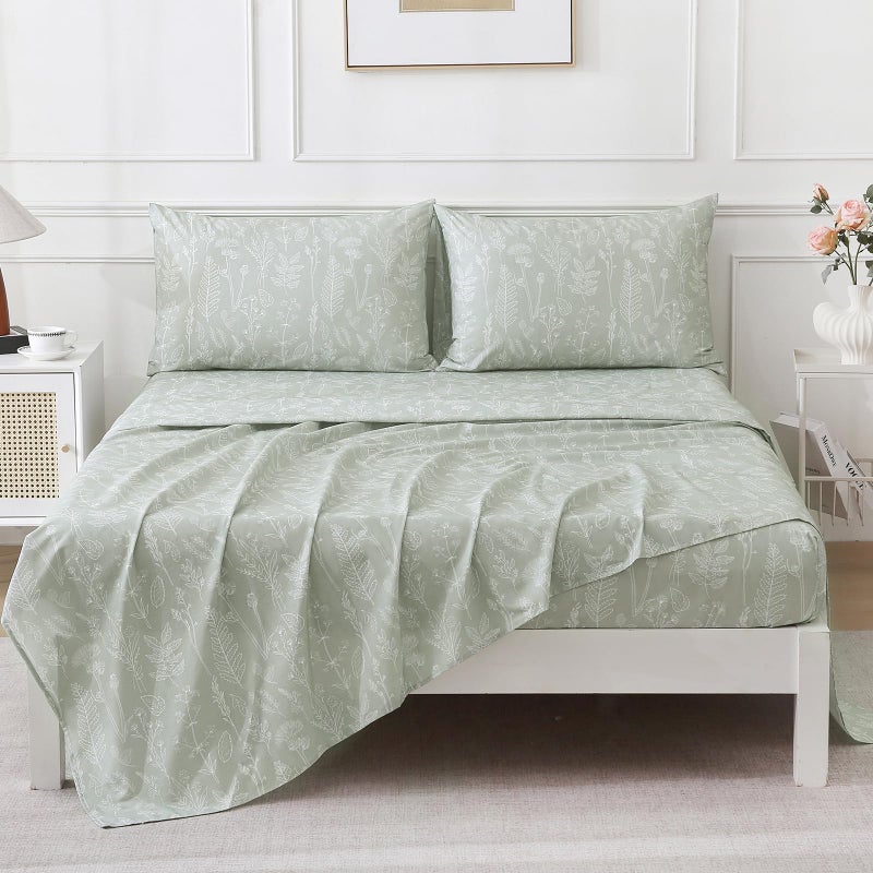Homilay 100% Organic Cotton Percale Sheets Set,Queen Size 4 PC, Breathable&Durable Hotel Quality Bedding, 16" Deep Pocket Botanical Floral Bedsheets,Sage Green - Image 3