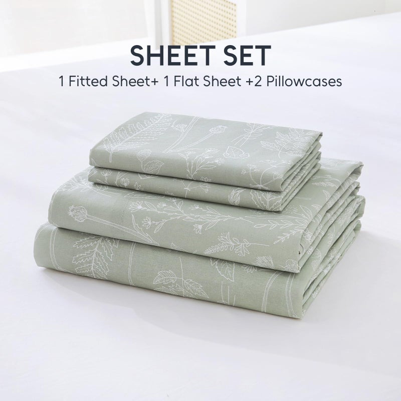 Homilay 100% Organic Cotton Percale Sheets Set,Queen Size 4 PC, Breathable&Durable Hotel Quality Bedding, 16" Deep Pocket Botanical Floral Bedsheets,Sage Green - Image 2