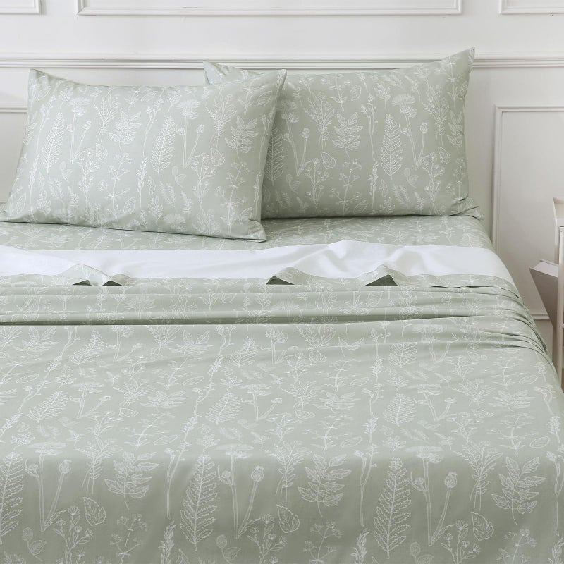 Homilay 100% Organic Cotton Percale Sheets Set,Queen Size 4 PC, Breathable&Durable Hotel Quality Bedding, 16" Deep Pocket Botanical Floral Bedsheets,Sage Green - Image 1