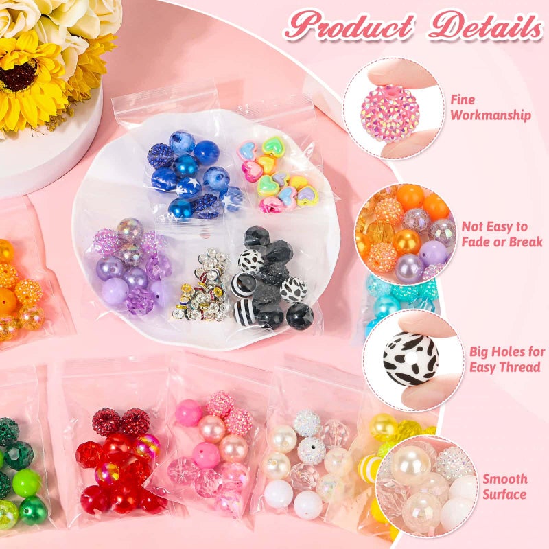 Tidponra 110 Pcs 20mm Beads for Pens Making with 60Pcs Rondelle Spacer Beads, Bubblegum Beads Mixed Crystal Resin Chunky Beads Sugar Beads for Beadable Pens Supplies Keychains DIY Craft - Image 4