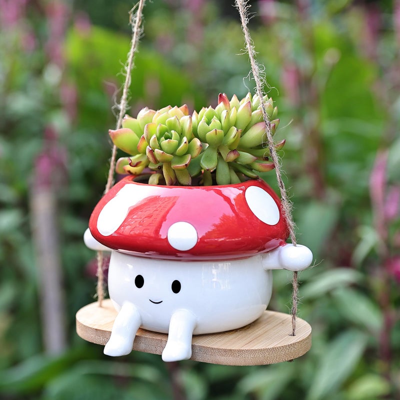 Fungi Fun Mushroom Hanging Planter Pot, Cute Ceramic Swing Face Planter for Indoor & Outdoor, Unique Mushroom Planters for Succulents, String of Pearls Plant, Small Hanging Planters Red & White - Image 1