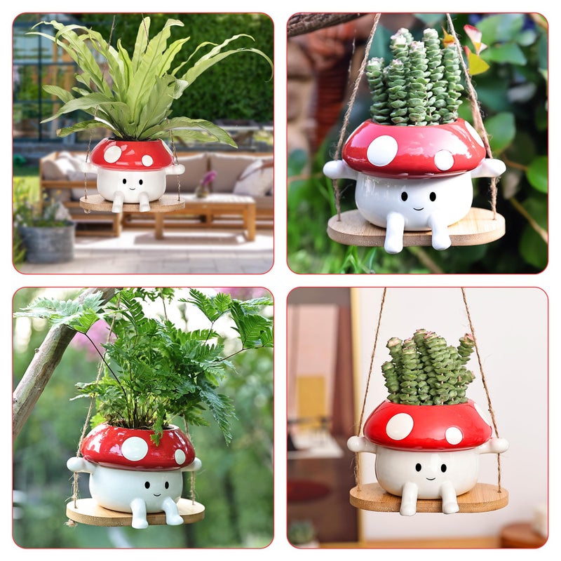 Fungi Fun Mushroom Hanging Planter Pot, Cute Ceramic Swing Face Planter for Indoor & Outdoor, Unique Mushroom Planters for Succulents, String of Pearls Plant, Small Hanging Planters Red & White - Image 2