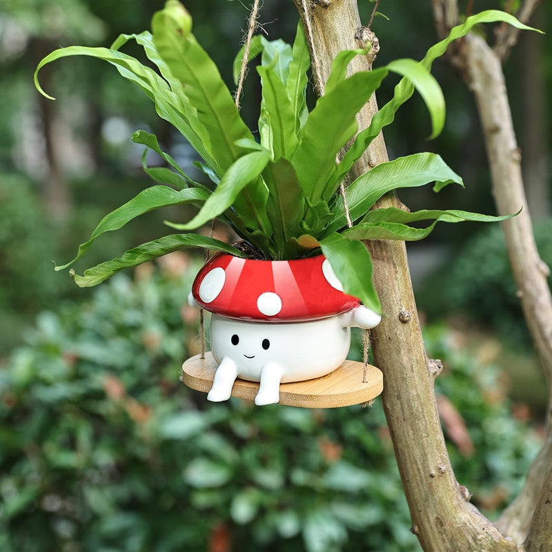 Fungi Fun Mushroom Hanging Planter Pot, Cute Ceramic Swing Face Planter for Indoor & Outdoor, Unique Mushroom Planters for Succulents, String of Pearls Plant, Small Hanging Planters Red & White - Image 4
