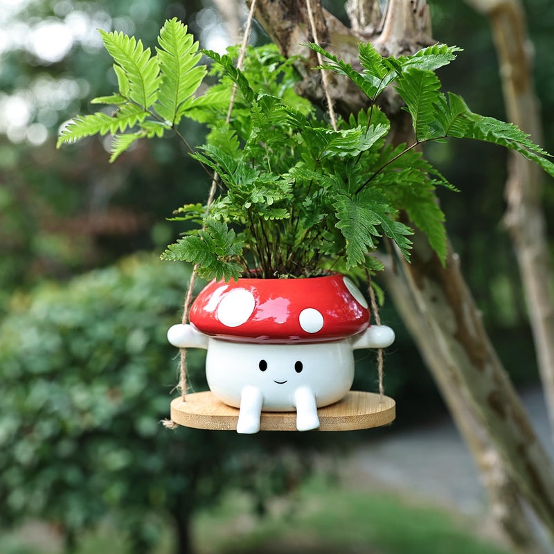 Fungi Fun Mushroom Hanging Planter Pot, Cute Ceramic Swing Face Planter for Indoor & Outdoor, Unique Mushroom Planters for Succulents, String of Pearls Plant, Small Hanging Planters Red & White - Image 5