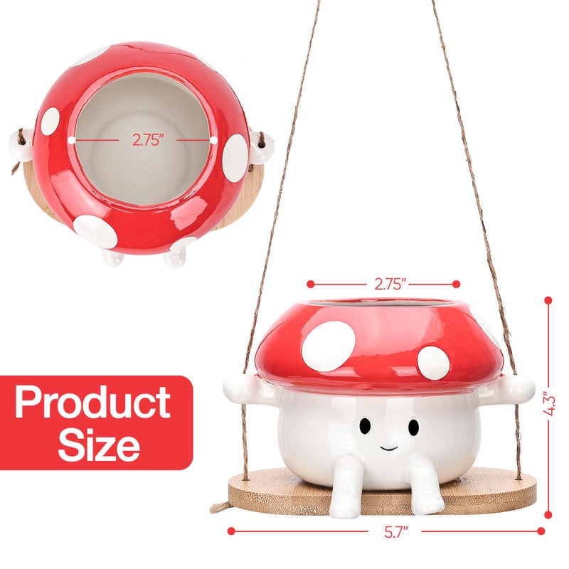 Fungi Fun Mushroom Hanging Planter Pot, Cute Ceramic Swing Face Planter for Indoor & Outdoor, Unique Mushroom Planters for Succulents, String of Pearls Plant, Small Hanging Planters Red & White - Image 3