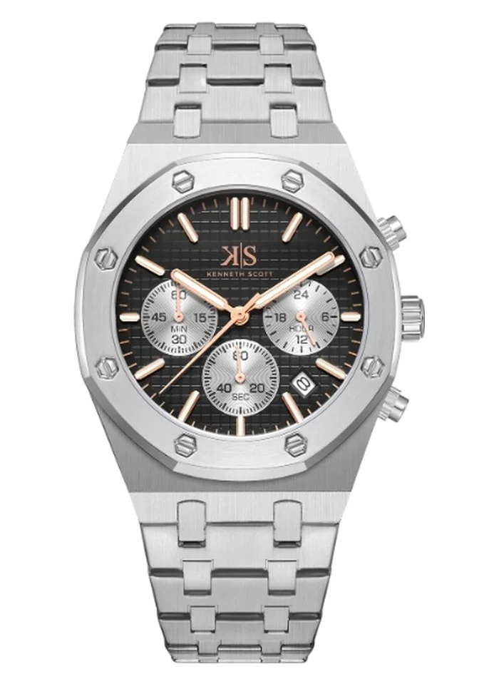 KENNETH SCOTT Men's Multi Function Display Watch With Silver Stainless steel Strap - K24112-SBSB