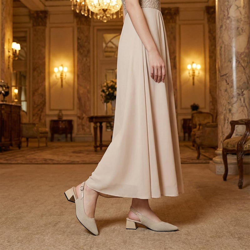 youngshow Women's Slingback Pumps Comfortable Knitted Pointed Toe Pumps Shoes Women Low Heel Slip On Casual Work Office Dress Shoes Apricot 7 - Image 4