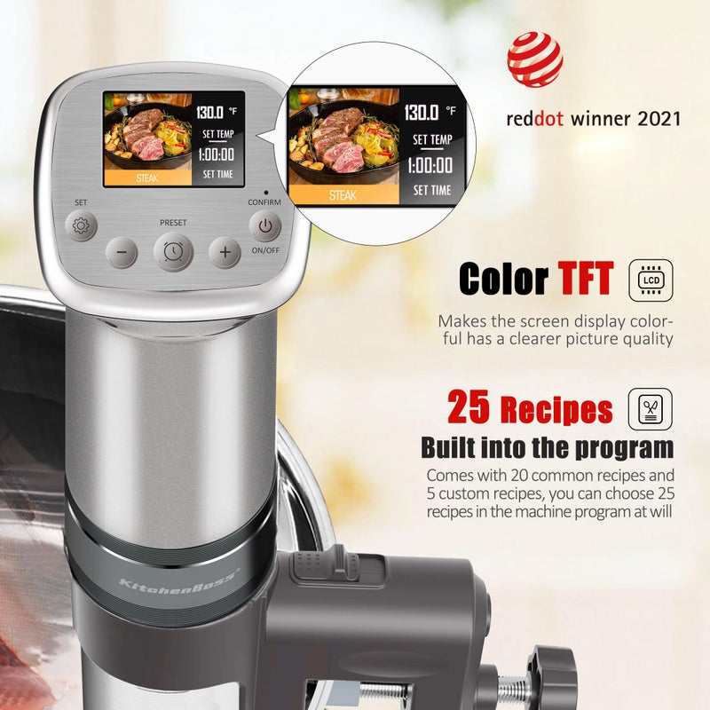 KitchenBoss Sous Vide Cooker Machine: Ultra-Quiet Built-in TFT Recipes IPX7 Waterproof circulator cooker Brushless DC motor 1100 Watts Immersion Circulator Sous-vide Cooking Machine G321, Silver - Image 2