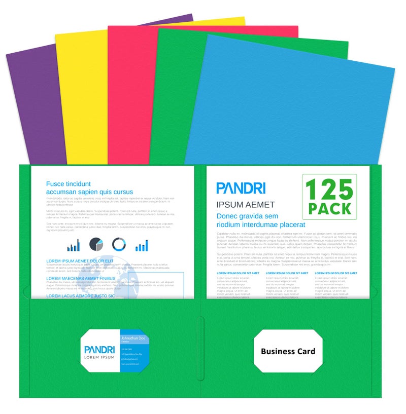 PANDRI Two Pocket Folders, PANDRI 125 Pack 2 Pocket Folders, Letter Size Paper File Folder for School Office Home Business, Assorted 5 Colors - Image 1