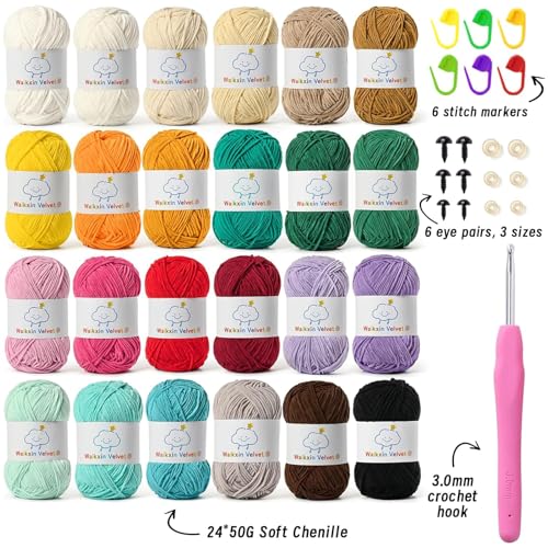 Waikxin 24 Pack Fluffy Chenille Yarn for Crocheting, Baby Yarn for Crocheting Soft, 3806yds/42oz Fingering Weight Crochet Amigurumi Yarn, Velvet Yarns for Crochet Baby Blanket&DIY Crafts.(Set B) - Image 2