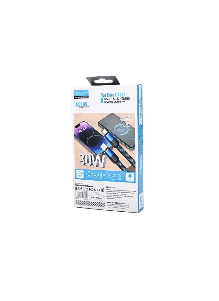 Soloffer - Soloffer CC105 USB-C to Lightning Cable 1M - 30W PD Super Fast Charging, Nylon Braided, Black - Image 1