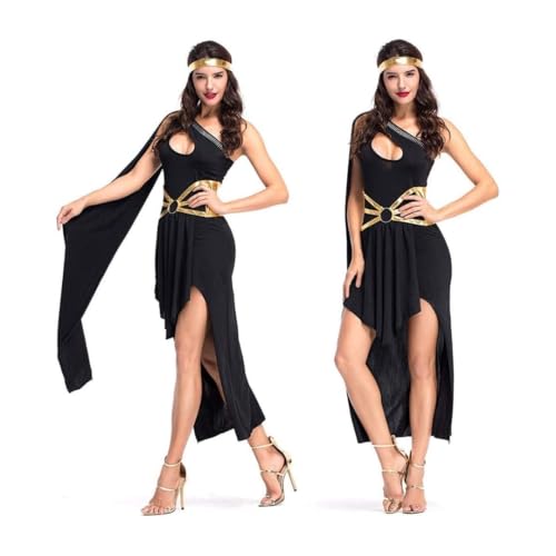 Wanna Party Women’s Black Greek Goddess One-Shoulder Costume with Golden Belt – Elegant Halloween Fancy Dress Outfit (Bust Size 36") for Halloween Costume for Women - Image 4
