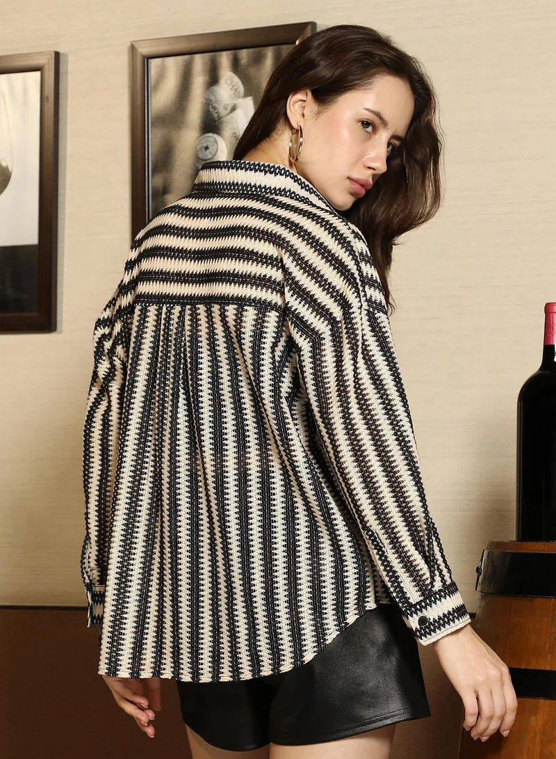PINACOLADA Women's Onyx Black & Off-White Striped Crochet Oversized Shirt Women's Onyx Black & Off-White Striped Crochet Oversized Shirt for Women | Best Price UAE