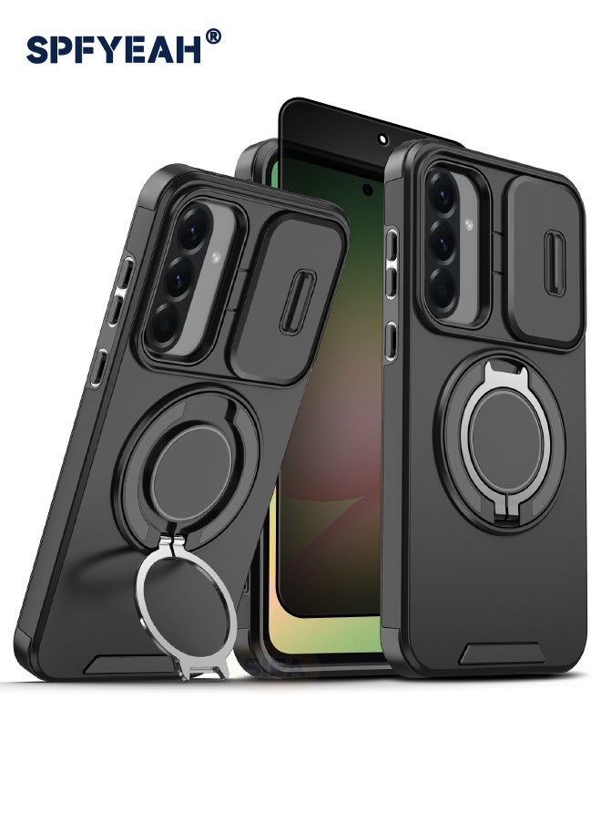 SPFYEAH - 2-in-1 Samsung Galaxy A56 Case with Privacy Screen Protector, Slide Camera Cover, Built-in 360° Rotate Round Ring Kickstand, Heavy Duty Shockproof Back Cover for Samsung Galaxy A56 5G 6.7 inch (Black, 1+1 Pack) - Image 1