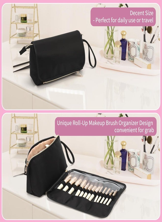 OCHEAL Makeup Brush Holder and Makeup Bag 2 in 1,Makeup Pouch with Brush Organizer,Travel Makeup Brushes Bag Cosmetic Bags for Women Portable Roll-up Makeup Case -Black - Image 3