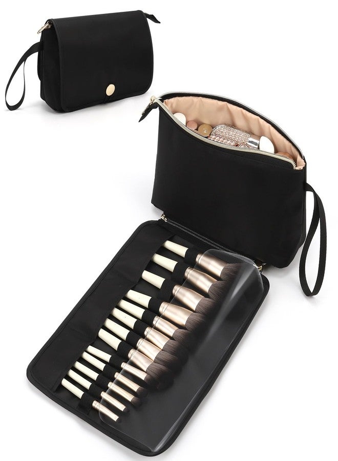 OCHEAL Makeup Brush Holder and Makeup Bag 2 in 1,Makeup Pouch with Brush Organizer,Travel Makeup Brushes Bag Cosmetic Bags for Women Portable Roll-up Makeup Case -Black - Image 1