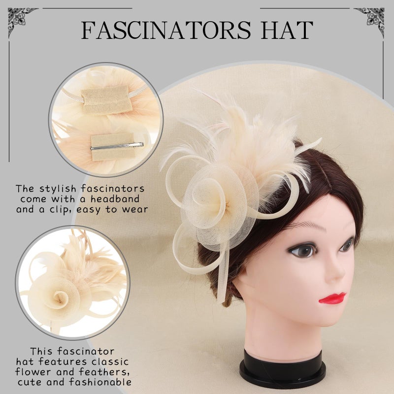 Uintoon Fascinators Hats for Women and Lace Gloves Set, Beige Derby Hat Vintage Tea Party Hats Fascinator Hat Headband Headwear Clip 1920s Accessories for Women Girls Cocktail Wedding Church Tea Party Favors - Image 4