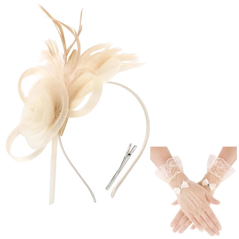 Uintoon Fascinators Hats for Women and Lace Gloves Set, Beige Derby Hat Vintage Tea Party Hats Fascinator Hat Headband Headwear Clip 1920s Accessories for Women Girls Cocktail Wedding Church Tea Party Favors - Image 1