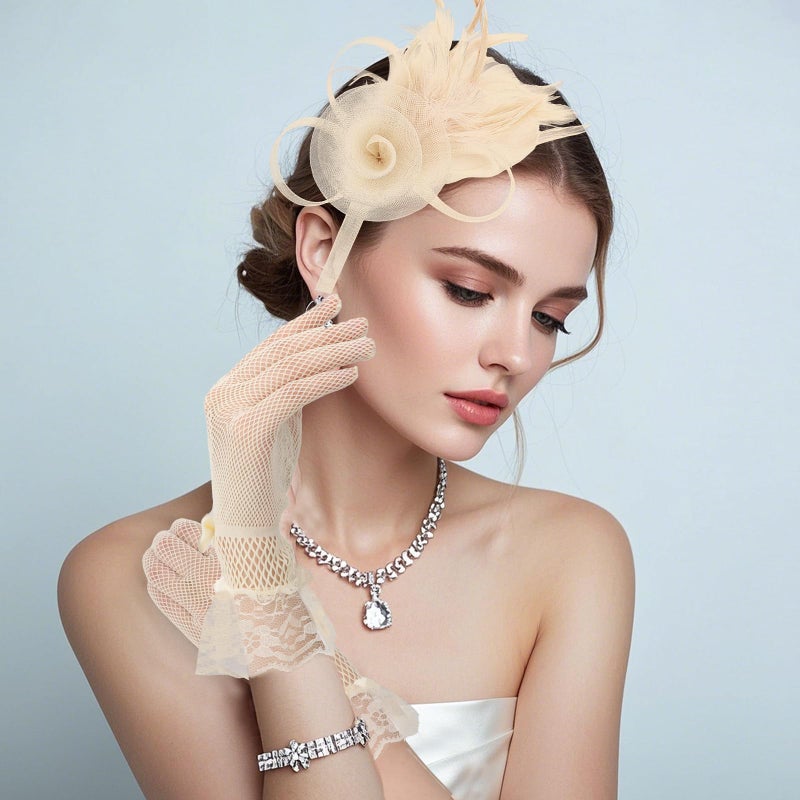Uintoon Fascinators Hats for Women and Lace Gloves Set, Beige Derby Hat Vintage Tea Party Hats Fascinator Hat Headband Headwear Clip 1920s Accessories for Women Girls Cocktail Wedding Church Tea Party Favors - Image 5
