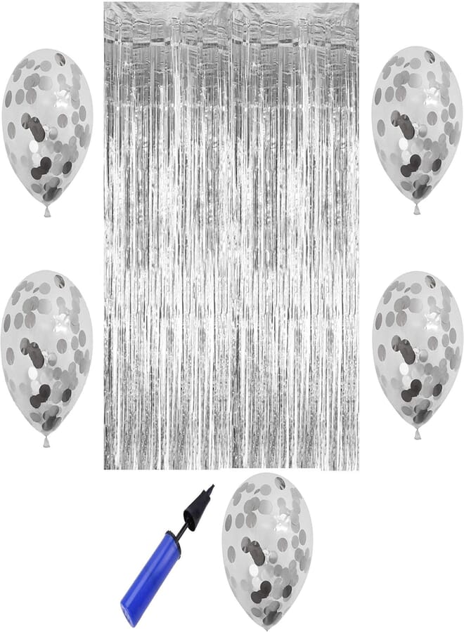 Secret silver Foil Curtains Metallic Fringe Curtains Shimmer Curtain- 5pcs silver confetti balloon for Birthday Wedding Party Christmas Decorations