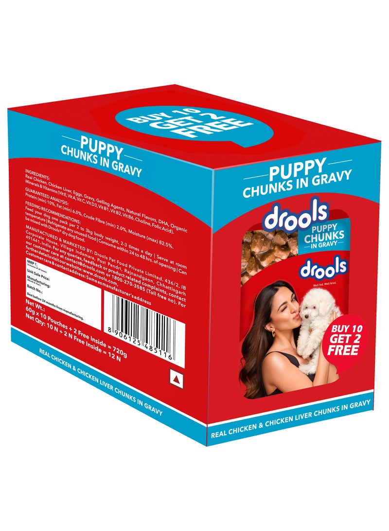 Drools Puppy Wet Dog Food Real Chicken and Chicken Liver Chunks in Gravy 10 + 2 Pouches Free 12 x 60g  - Image 1