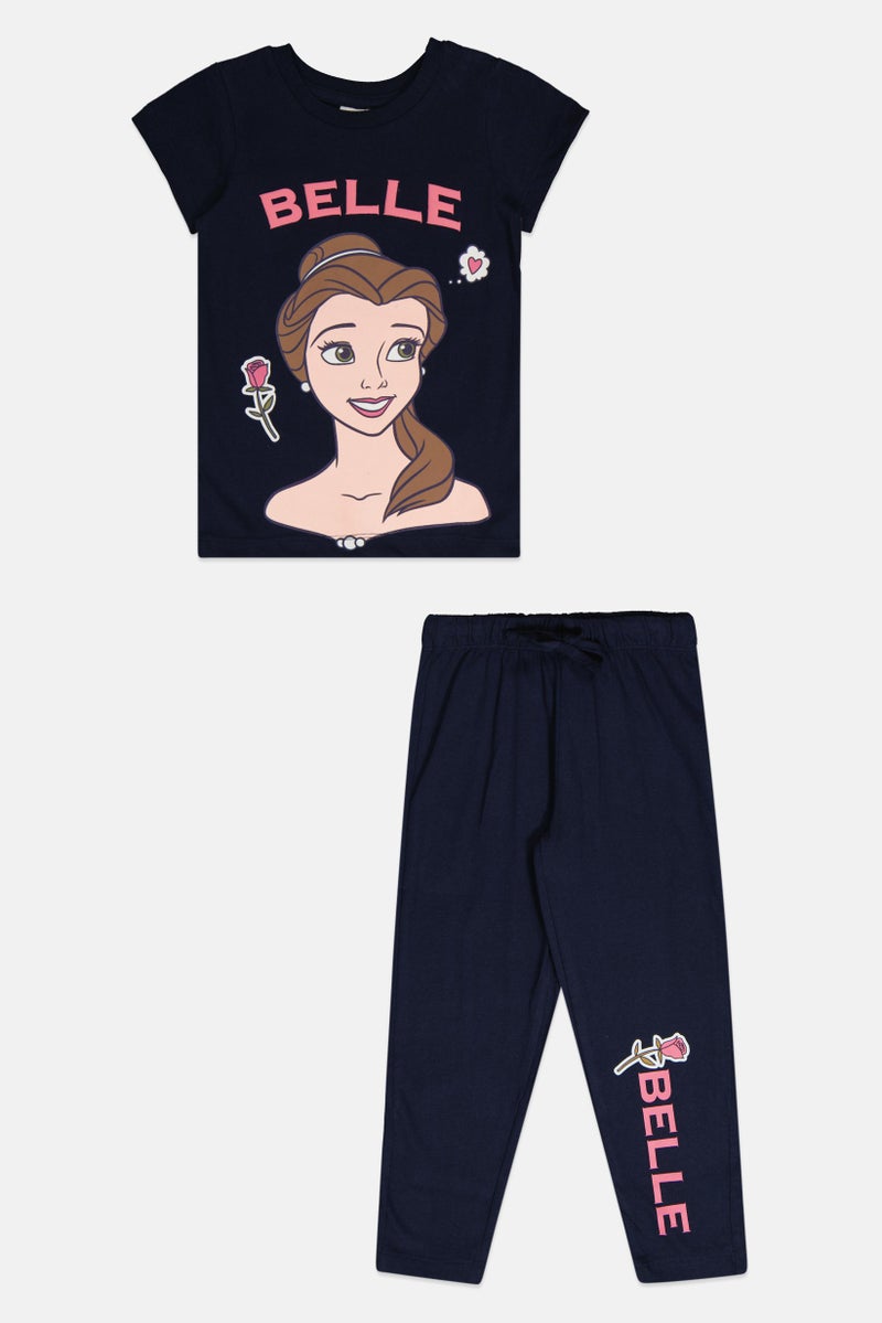 Disney Princess Toddlers Girl 2 Piece Short Sleeve Graphic T Shirt And Pajama Bottom Set, Navy - Image 1