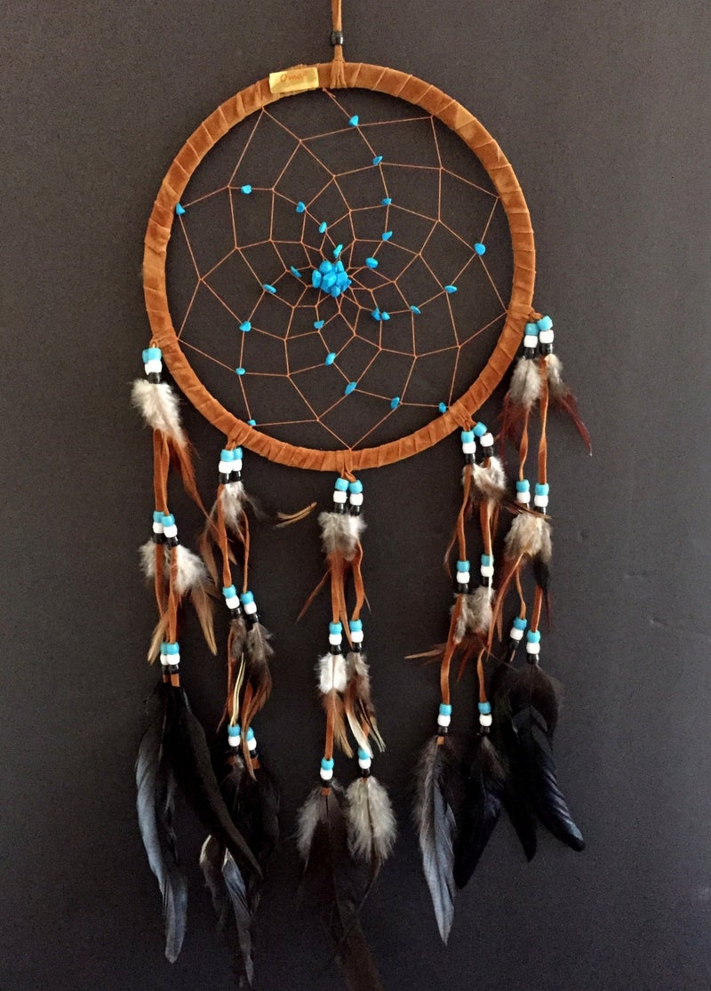 OMA Dream Catcher Dreamcatcher - Brown Suede with Turquoise Details - Handmade, Large Size - 28" Long x 9" Diameter - OMA® Brand - Image 1