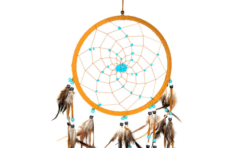 OMA Dream Catcher Dreamcatcher - Brown Suede with Turquoise Details - Handmade, Large Size - 28" Long x 9" Diameter - OMA® Brand - Image 4