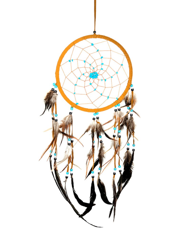 OMA Dream Catcher Dreamcatcher - Brown Suede with Turquoise Details - Handmade, Large Size - 28" Long x 9" Diameter - OMA® Brand - Image 2