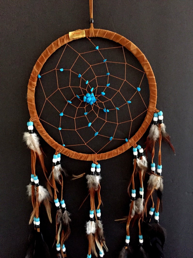OMA Dream Catcher Dreamcatcher - Brown Suede with Turquoise Details - Handmade, Large Size - 28" Long x 9" Diameter - OMA® Brand - Image 3