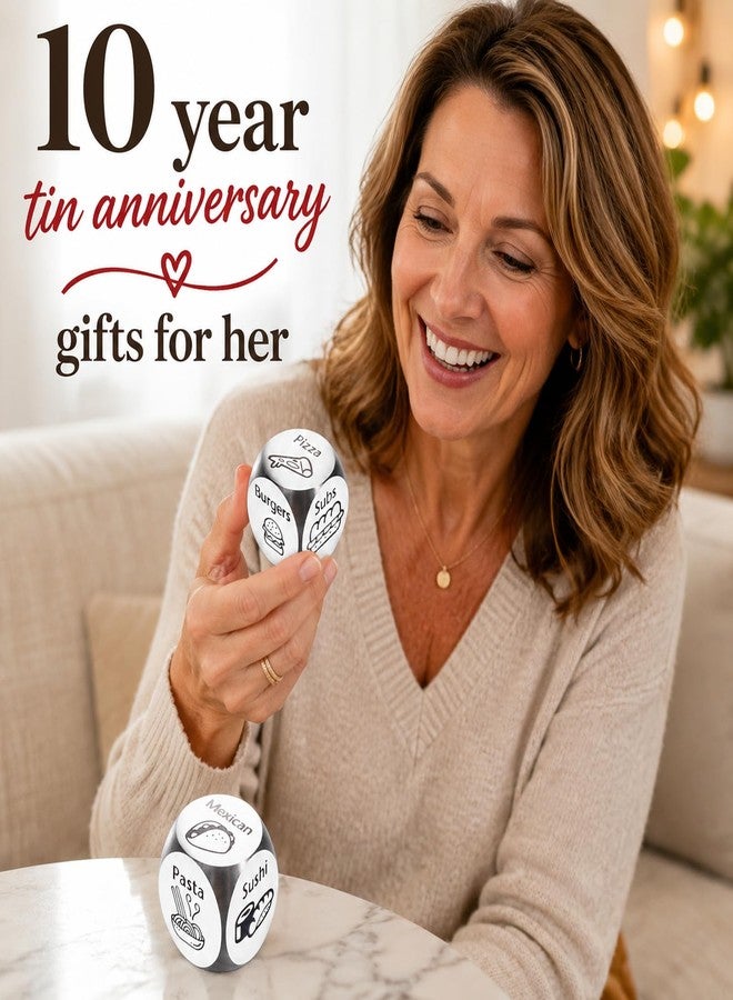 Aeonovs 10 Year Anniversary Tin Gift for Him, Food Dice, 10 Year Tin Anniversary Decorations for Him Her, Stocking Stuffers for Husband Wife, 5 Senses Gifts for Husband - Image 2