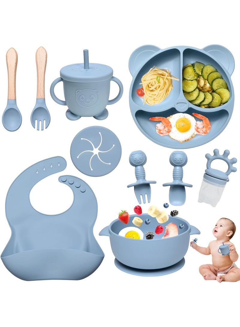 iMissiu Silicone Baby Feeding Set 11 Piece Baby Led Weaning Supplies Toddler Bib Divided Plate Bowl Self Feeding Spoons Baby Eating Utensils for Daily Use Home and Travel - Image 1
